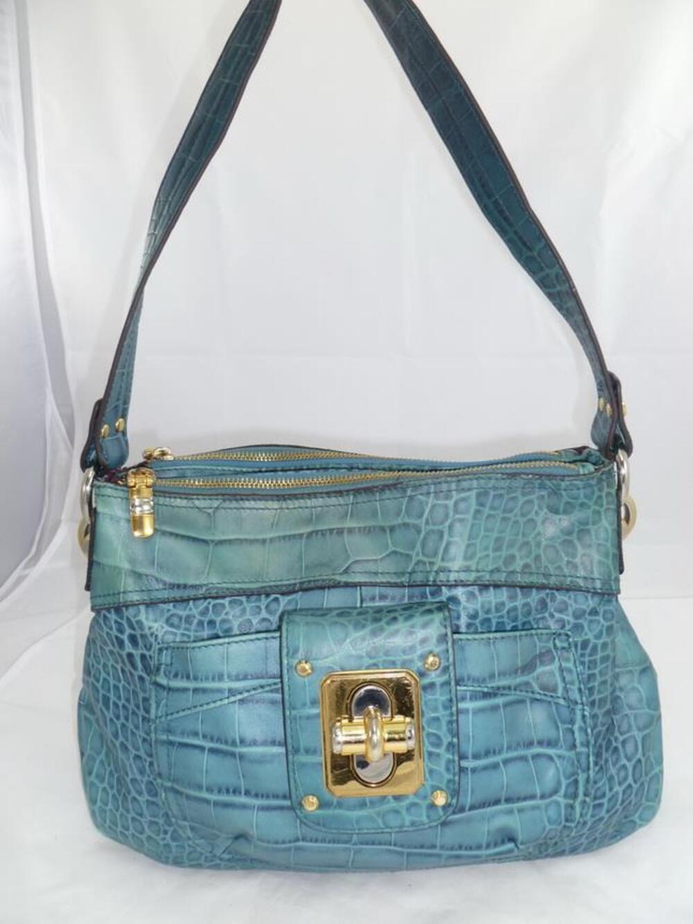 B MAKOWSKY USED CROC EMBOSSED TURNLOCK TEAL LEATHER HOBO/SATCHEL/SHOULDER BAG